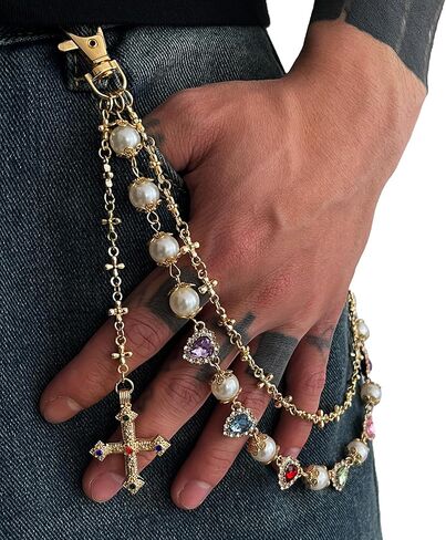Colorful Rhinestone Heart Pants Chain for Men,Gothic Cross Wallet Pocket Chain,Pearl Keychains Trouser Jeans for Women in Saudi Arabia
