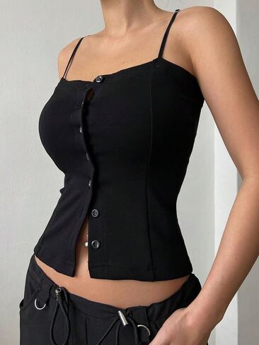 WDIRARA Women's Button Front Spaghetti Strap Cami Top Casual Sleeveless Camisole in Saudi Arabia