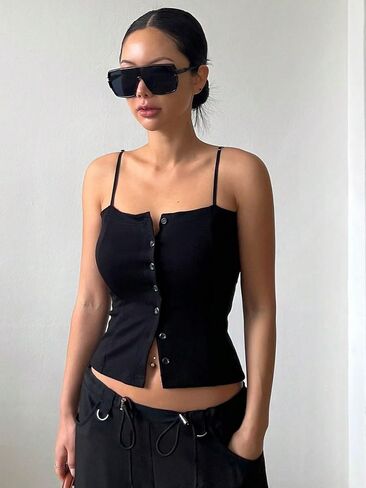 WDIRARA Women's Button Front Spaghetti Strap Cami Top Casual Sleeveless Camisole in Saudi Arabia