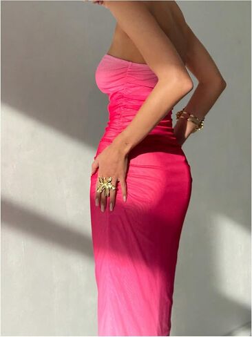 فستان GORGLITTER النسائي ذو اللون المتدرج بدون حمالات Bodycon ماكسي بدون أكمام شبكي شفاف in Kuwait