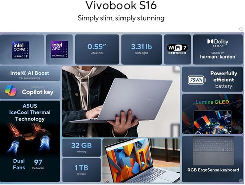 Asus Vivobook S 14 AI OLED LAPTOP ، Intel Core Ultra 5 226V ، Intel ARC Graphics ، Copilot+ AI ، RGB Backlit KB ، Wi-Fi 7 ، 2x Thunderbolt 4 ، Win11 ، W/Mousepad (16GB RAM | 1TB SSD) in Kuwait
