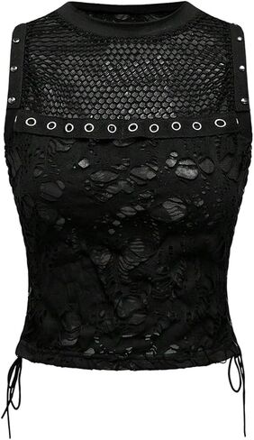 Verdusa Women's Goth Sheer Studded Crop Tank Top Punk Lace Up Distressed Going Out Tops in Saudi Arabia