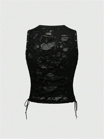 Verdusa Women's Goth Sheer Studded Crop Tank Top Punk Lace Up Distressed Going Out Tops in Saudi Arabia