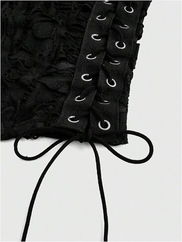 Verdusa Women's Goth Sheer Studded Crop Tank Top Punk Lace Up Distressed Going Out Tops in Saudi Arabia