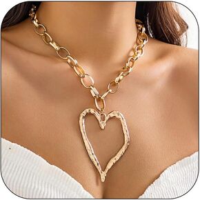 Gold Chunky Heart Necklace Puffy Heart Pendant Choker Necklaces Big Bead Adjustable Pearl Chain Necklace for Women Trendy Gifts in Kuwait
