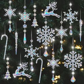 24 Pcs Crystal Christmas Ornaments Pink Acrylic Snowflakes Elk Canes Christmas Tree Decorations Hanging Icicle Drop Crystal Ornaments for Christmas Tree Decor Party Supplies in Kuwait