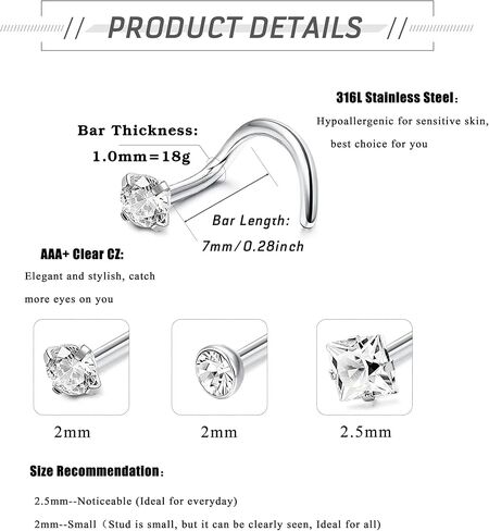 20G Nose Rings 316L Surgical Stainless Steel Ring Studs L Shaped Studs Rings CZ Nose Jewelry for Men Women in Saudi Arabia