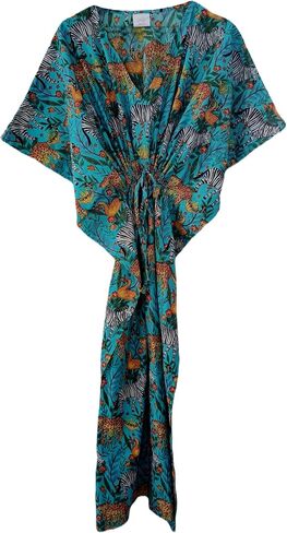 Jungle Animal Print Dress Sleepwear White 100% Cotton Ethnic Maxi Beach cover up nightwear Caftan Dress in Kuwait