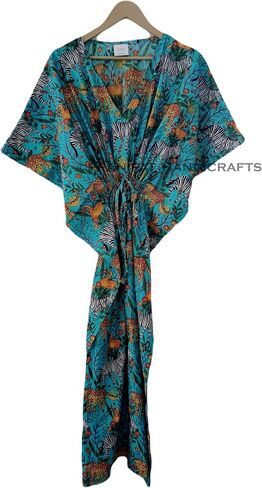 Jungle Animal Print Dress Sleepwear White 100% Cotton Ethnic Maxi Beach cover up nightwear Caftan Dress in Kuwait