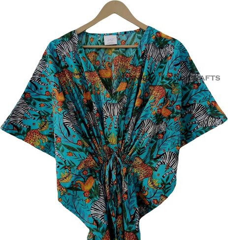 Jungle Animal Print Dress Sleepwear White 100% Cotton Ethnic Maxi Beach cover up nightwear Caftan Dress in Kuwait