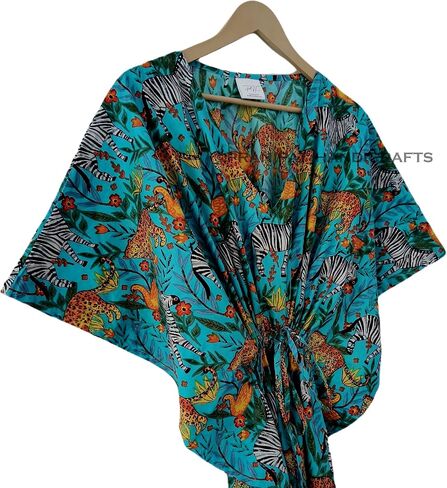 Jungle Animal Print Dress Sleepwear White 100% Cotton Ethnic Maxi Beach cover up nightwear Caftan Dress in Kuwait