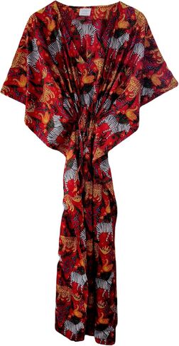 Jungle Animal Print Dress Sleepwear White 100% Cotton Ethnic Maxi Beach cover up nightwear Caftan Dress in Kuwait