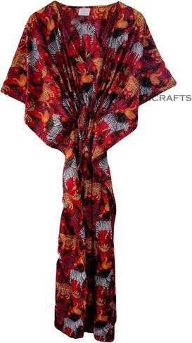 Jungle Animal Print Dress Sleepwear White 100% Cotton Ethnic Maxi Beach cover up nightwear Caftan Dress in Kuwait
