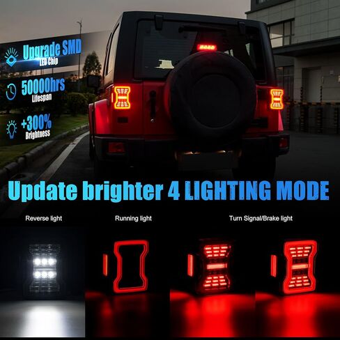 مصابيح خلفية LED متوافقة مع Wrangler JK JKU 2007-2018، تصميم فريد، بما في ذلك مصابيح الفرامل، وأضواء عكسية تعمل بعدسات دخانية قطعتين in Kuwait