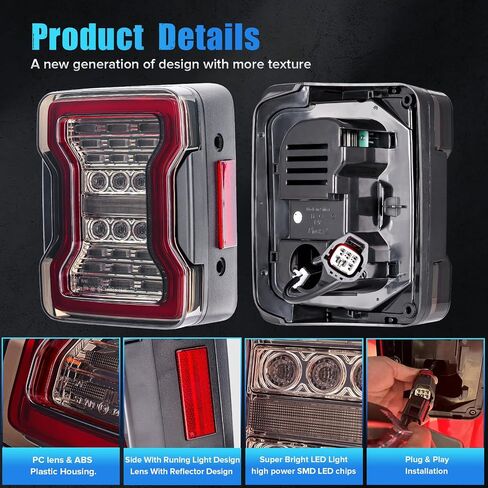 مصابيح خلفية LED متوافقة مع Wrangler JK JKU 2007-2018، تصميم فريد، بما في ذلك مصابيح الفرامل، وأضواء عكسية تعمل بعدسات دخانية قطعتين in Kuwait