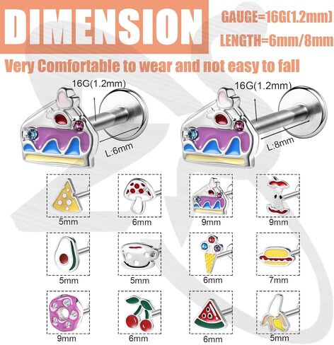 ZS 6 قطع من الفولاذ المقاوم للصدأ بخيط داخلي على شكل البطيخ الكرز من أجل Tragus Helix Conch، 16G/18G لطيف ميدوسا لابريت الشفاه الأنف مونرو ثقب المجوهرات للنساء والرجال in Kuwait