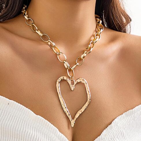 Gold Chunky Heart Necklace Puffy Heart Pendant Choker Necklaces Big Bead Adjustable Pearl Chain Necklace for Women Trendy Gifts in Kuwait
