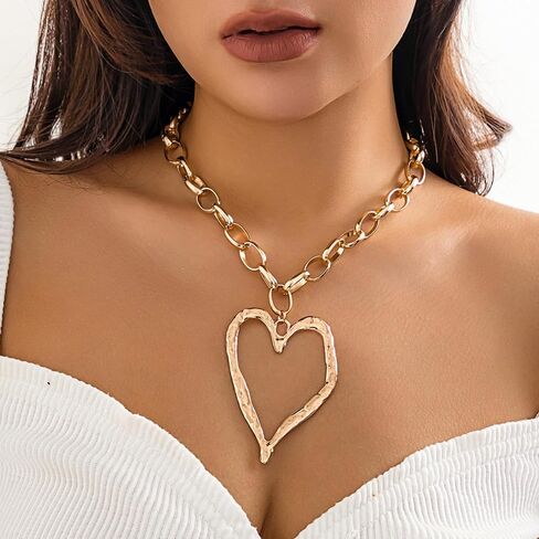 Gold Chunky Heart Necklace Puffy Heart Pendant Choker Necklaces Big Bead Adjustable Pearl Chain Necklace for Women Trendy Gifts in Kuwait