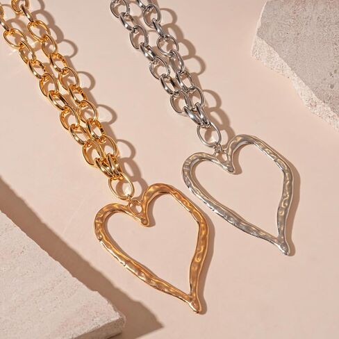 Gold Chunky Heart Necklace Puffy Heart Pendant Choker Necklaces Big Bead Adjustable Pearl Chain Necklace for Women Trendy Gifts in Kuwait