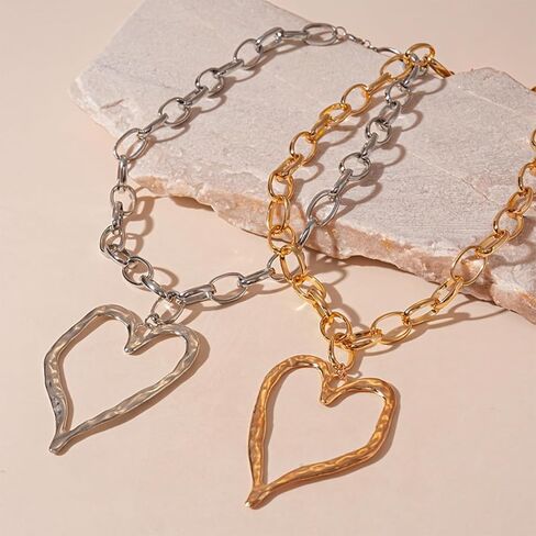 Gold Chunky Heart Necklace Puffy Heart Pendant Choker Necklaces Big Bead Adjustable Pearl Chain Necklace for Women Trendy Gifts in Kuwait