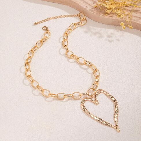 Gold Chunky Heart Necklace Puffy Heart Pendant Choker Necklaces Big Bead Adjustable Pearl Chain Necklace for Women Trendy Gifts in Kuwait