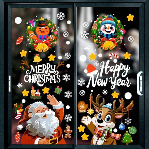 Christmas Window Clings - 212Pcs Non-Adhesive Static PVC Window Stickers, Santa, Snowman, Elk, Xmas Trees, Snowflakes, Decorations, 8 Sheets in Saudi Arabia