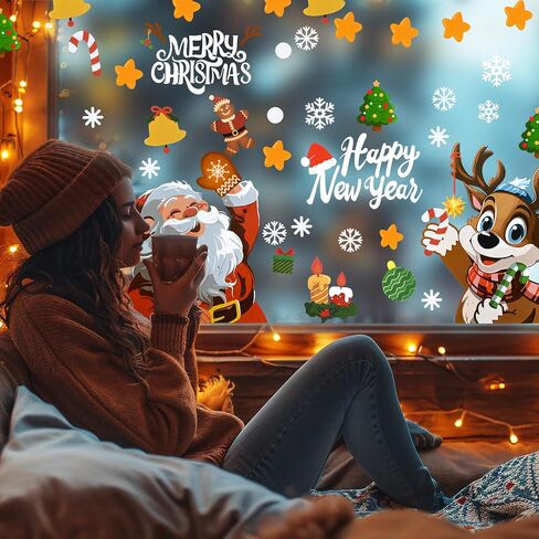 Christmas Window Clings - 212Pcs Non-Adhesive Static PVC Window Stickers, Santa, Snowman, Elk, Xmas Trees, Snowflakes, Decorations, 8 Sheets in Saudi Arabia