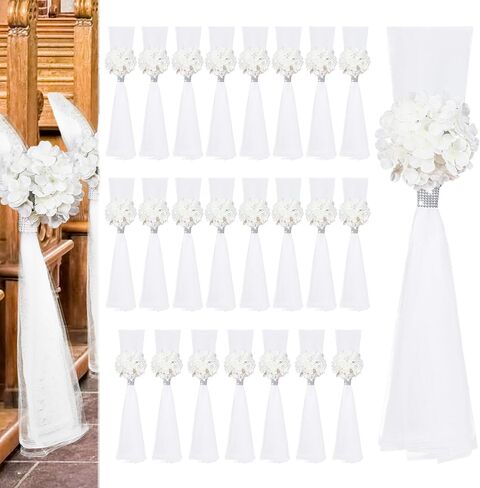 24 Set Large Wedding Hydrangea/Gardenia Flowers with Long Tulle Tails, 31.5inch Church Chair Aisle Wedding Pew Decoration for Bridal Shower Reception Birthday Anniversary (Hydrangea) in Saudi Arabia