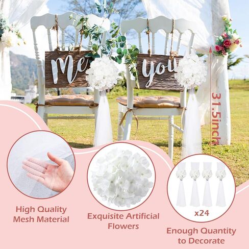 24 Set Large Wedding Hydrangea/Gardenia Flowers with Long Tulle Tails, 31.5inch Church Chair Aisle Wedding Pew Decoration for Bridal Shower Reception Birthday Anniversary (Hydrangea) in Saudi Arabia