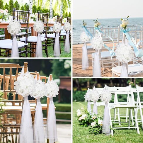 24 Set Large Wedding Hydrangea/Gardenia Flowers with Long Tulle Tails, 31.5inch Church Chair Aisle Wedding Pew Decoration for Bridal Shower Reception Birthday Anniversary (Hydrangea) in Saudi Arabia