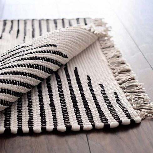 Kent & West - Accent Rug | Handwoven | Natural Cotton | Black Pattern | Fringed Ends | 23" x 35" in Saudi Arabia