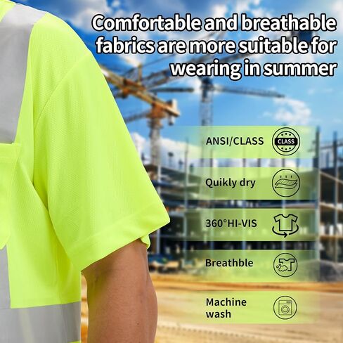 sesafety High Visibility Shirts for Mens Class 3 Hi Vis Reflective Construction Shirts for Men with Pocket Safety T Shirts for Men Work Shirt for Mens Short Sleeve Black Yellow Strips 5XL in Saudi Arabia