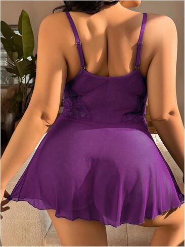 OYOANGLE Women's Plus Size Babydoll Lingerie Set Lace Sheer V Neck Chemise Nightgown and Thongs Nightwear in Saudi Arabia