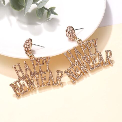Happy New Year Earrings Sparkle Rhinestone HAPPY NEW YEAR Letter Drop Dangle Earrings Crystal New Years Eve Earrings for Women Sister Mom Gifts Christmas Festive Party Jewelry in Saudi Arabia
