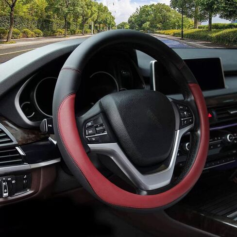 Universal 15in Car Leather Steering Wheel Covers for Men Non-Slip Color Blocked Steering Wheel Cover for Suvs,Vans,Sedans,Car (Black) in Saudi Arabia