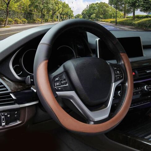 Universal 15in Car Leather Steering Wheel Covers for Men Non-Slip Color Blocked Steering Wheel Cover for Suvs,Vans,Sedans,Car (Black) in Saudi Arabia
