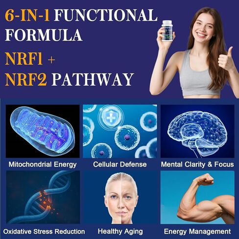 مكمل NRF1 وNRF2 1500 مجم | منشط مزدوج مع مرافق الإنزيم Q10 والكركمين والريسفيراترول المتحول والأشواغاندا | مضادات الأكسدة للإجهاد التأكسدي والشيخوخة الصحية والطاقة الخلوية | 60 كبسولة (زجاجة واحدة) in Kuwait