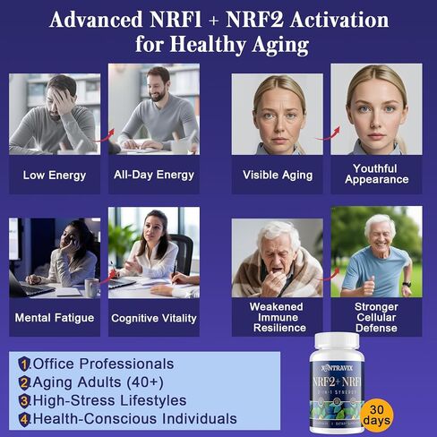 مكمل NRF1 وNRF2 1500 مجم | منشط مزدوج مع مرافق الإنزيم Q10 والكركمين والريسفيراترول المتحول والأشواغاندا | مضادات الأكسدة للإجهاد التأكسدي والشيخوخة الصحية والطاقة الخلوية | 60 كبسولة (زجاجة واحدة) in Kuwait