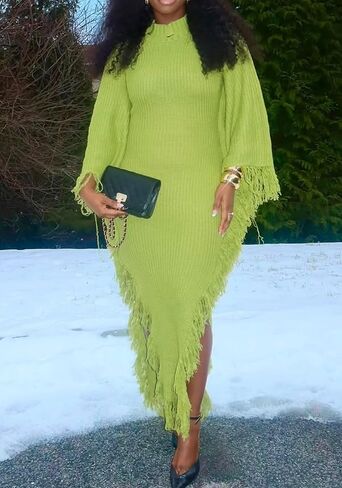 فساتين سترة ذات هامش من Vaceky للسيدات، فستان عصري بفتحة عالية وأكمام جرس كبيرة in Kuwait