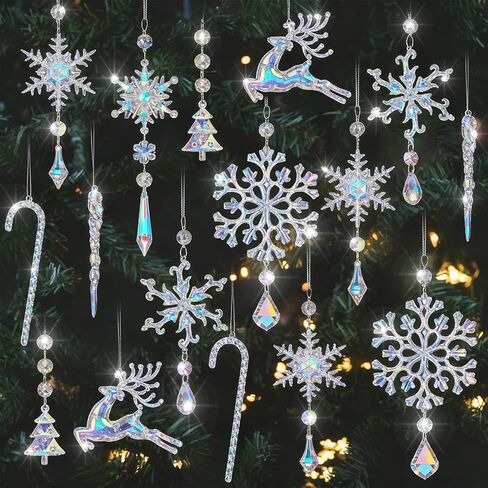 24 Pcs Crystal Christmas Ornaments Pink Acrylic Snowflakes Elk Canes Christmas Tree Decorations Hanging Icicle Drop Crystal Ornaments for Christmas Tree Decor Party Supplies in Kuwait
