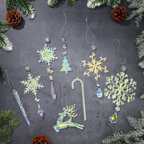 24 Pcs Crystal Christmas Ornaments Pink Acrylic Snowflakes Elk Canes Christmas Tree Decorations Hanging Icicle Drop Crystal Ornaments for Christmas Tree Decor Party Supplies in Kuwait