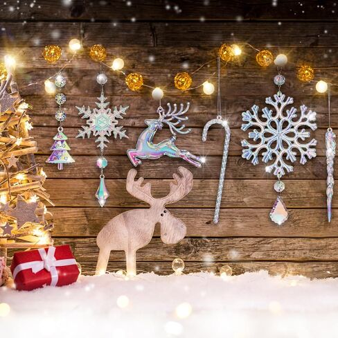 24 Pcs Crystal Christmas Ornaments Pink Acrylic Snowflakes Elk Canes Christmas Tree Decorations Hanging Icicle Drop Crystal Ornaments for Christmas Tree Decor Party Supplies in Kuwait