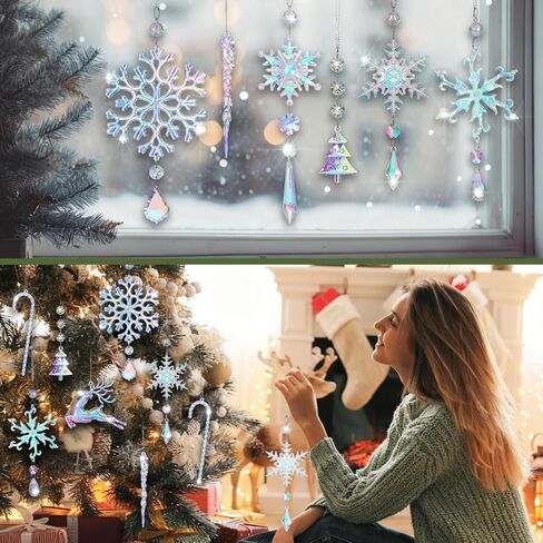 24 Pcs Crystal Christmas Ornaments Pink Acrylic Snowflakes Elk Canes Christmas Tree Decorations Hanging Icicle Drop Crystal Ornaments for Christmas Tree Decor Party Supplies in Kuwait