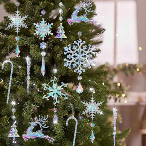 24 Pcs Crystal Christmas Ornaments Pink Acrylic Snowflakes Elk Canes Christmas Tree Decorations Hanging Icicle Drop Crystal Ornaments for Christmas Tree Decor Party Supplies in Kuwait