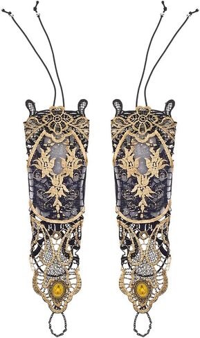 GORGECRAFT 2Pcs Bronzing Fingerless Gloves Women Vintage Gothic Floral Lace Steampunk Long Wristband Gold Black Beaded Handmade Gloves Bridal Bracelet Ring Mesh Cuff for Prom Halloween Cosplay in Saudi Arabia