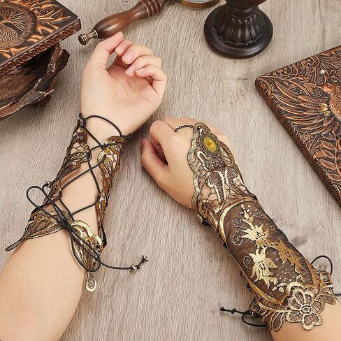 GORGECRAFT 2Pcs Bronzing Fingerless Gloves Women Vintage Gothic Floral Lace Steampunk Long Wristband Gold Black Beaded Handmade Gloves Bridal Bracelet Ring Mesh Cuff for Prom Halloween Cosplay in Saudi Arabia