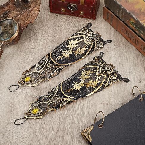 GORGECRAFT 2Pcs Bronzing Fingerless Gloves Women Vintage Gothic Floral Lace Steampunk Long Wristband Gold Black Beaded Handmade Gloves Bridal Bracelet Ring Mesh Cuff for Prom Halloween Cosplay in Saudi Arabia
