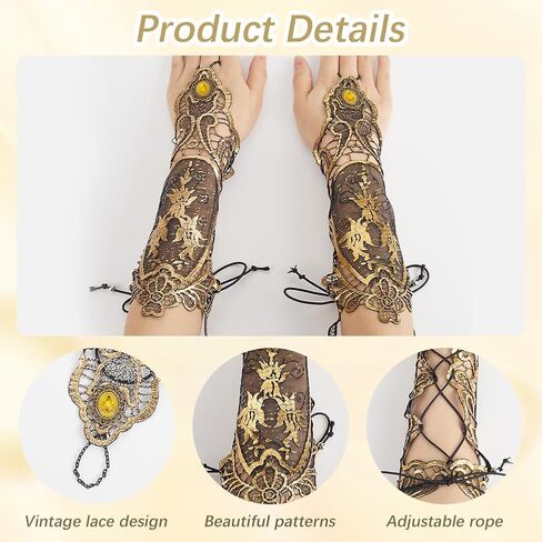 GORGECRAFT 2Pcs Bronzing Fingerless Gloves Women Vintage Gothic Floral Lace Steampunk Long Wristband Gold Black Beaded Handmade Gloves Bridal Bracelet Ring Mesh Cuff for Prom Halloween Cosplay in Saudi Arabia