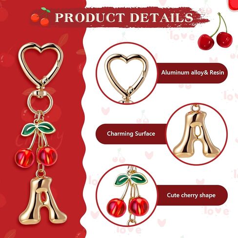 Nosiny Cherry Initial Keychain Gold Alphabet Keychain Accessories Red Cherry Bag Purse Charms for Women Handbag Gifts Stuff in Saudi Arabia