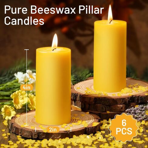 6 Pack Pure Beeswax Pillar Candles– 210 Hours Long Burning Organic Beeswax Candle, 100% Natural Hand-Poured Bees Wax Candles for Home, Parties, Paryer, Smokeless & Dripless 2x4in in Saudi Arabia